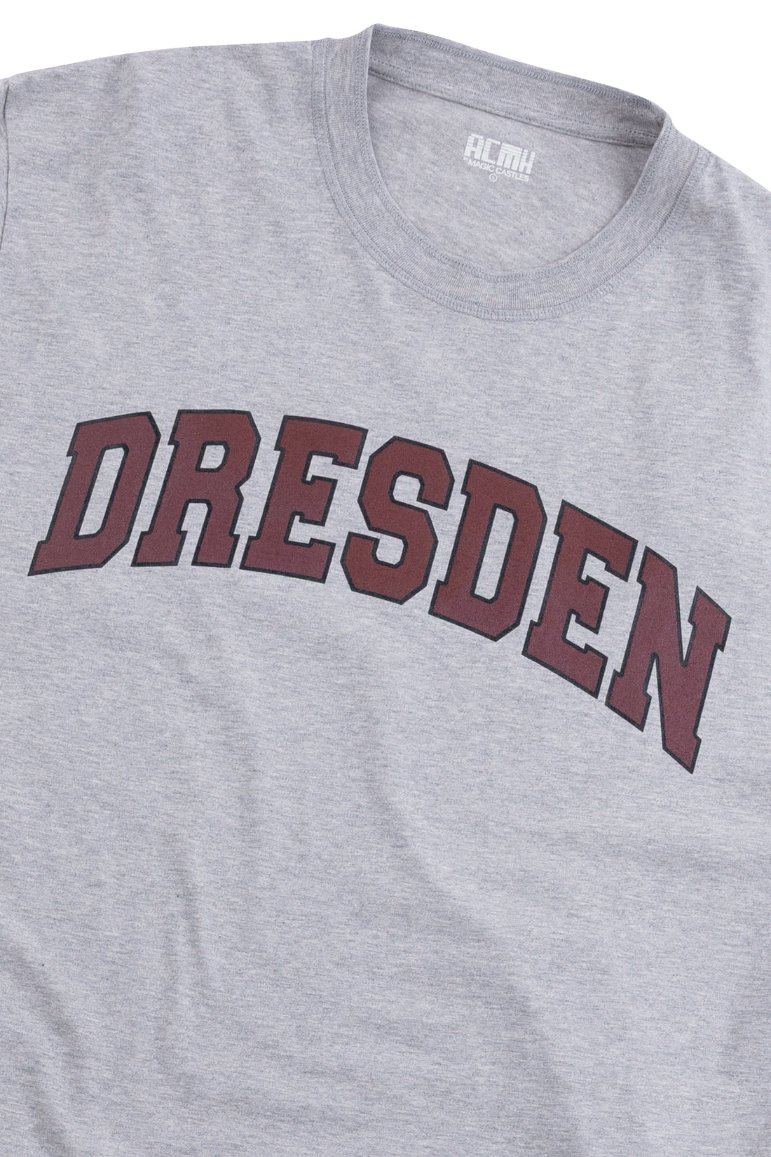 Close-up of a heather gray crewneck t-shirt featuring the word &