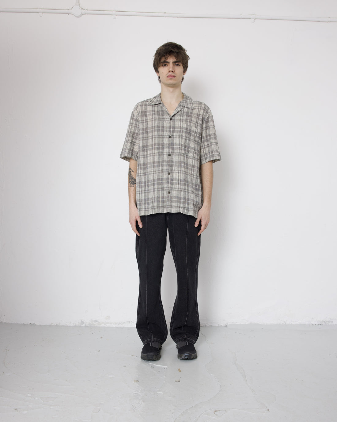 Short Sleeve Wave Shirt - Black Ecru Mini Check